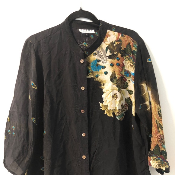 Citron floral silk tunic-length button front 0X - Picture 1 of 3